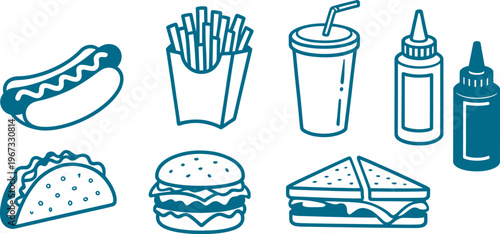 Fast food elements set, naive sketch style, hand drawn burgers, fries, soft drinks, pizza slices, sandwiches, vector illustration