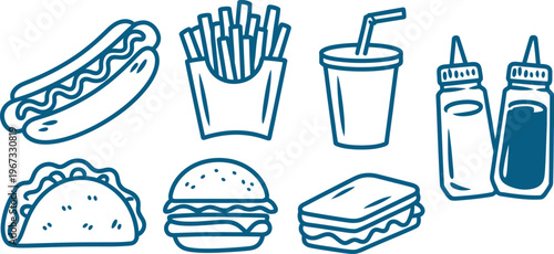 Fast food elements set, outline sketch, hand drawn burgers, fries, drinks, pizza, sandwiches, vector illustration isolated