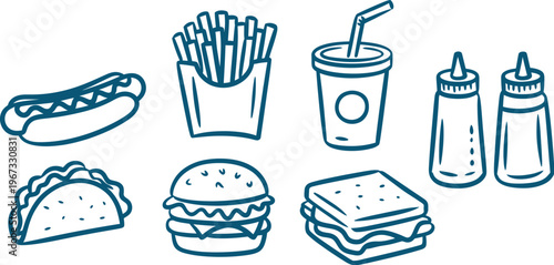 Fast food elements set, outline sketch, hand drawn burgers, fries, drinks, pizza, sandwiches, vector illustration isolated