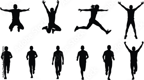 Silhouettes of active people jumping and running for fitness, marathon runners, celebrating success, and athletic group isolated on white background