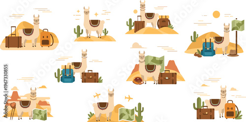 Travel llama desert illustrations with backpacks, cactus and adventure elements, cute alpaca tourism collection in warm flat vector style