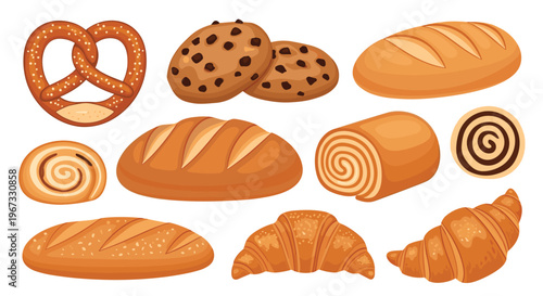 Set of various bread and pastry items including baguettes, pretzels, croissants, and cookies for bakery shop menus or food packaging.