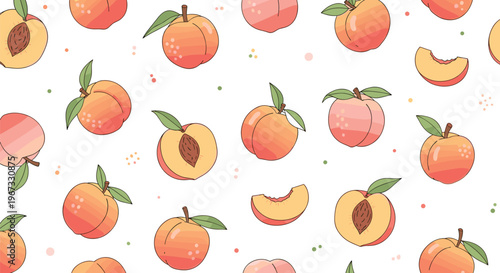 Peach Fruit Seamless Pattern with Whole and Sliced Peaches Cute Summer Food Background for Textile Packaging Wallpaper Vector Design