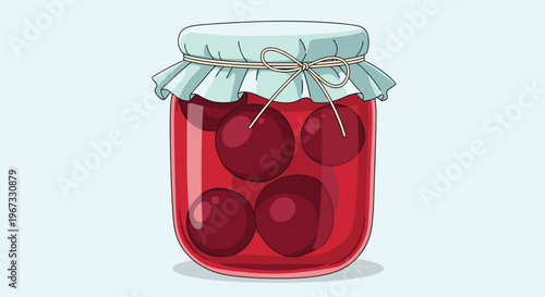 Traditional glass jar filled with red cherries in syrup or jam and covered with a paper lid tied with a string on a light blue background.