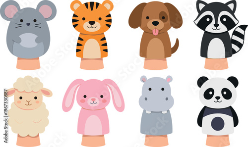 Cute Animal Finger Puppets Collection with Mouse, Tiger, Dog, Raccoon, Sheep, Rabbit, Hippo, and Panda for Kids and Playtime Designs