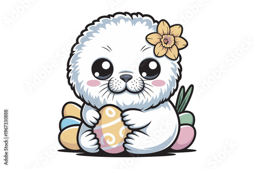 An adorable cartoon seal pup embraces a decorated easter egg while wearing a yellow daffodil perfect for spring designs on transparent background.