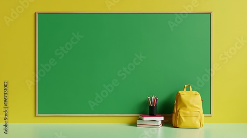 Bright Yellow Classroom With Green Chalkboard, Backpack, and Books Ready for ...