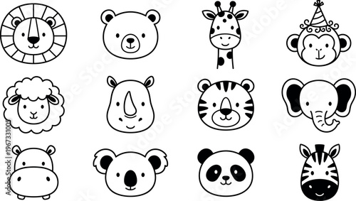 Cute Animal Faces Collection in Black and White Including Bear, Giraffe, Monkey, Rhino, Zebra, and Panda for Kids and Cartoon Designs