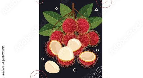 Group of red hairy rambutan fruits on a branch with green leaves against a dark background showcases tropical exotic fruit from southeast asia.