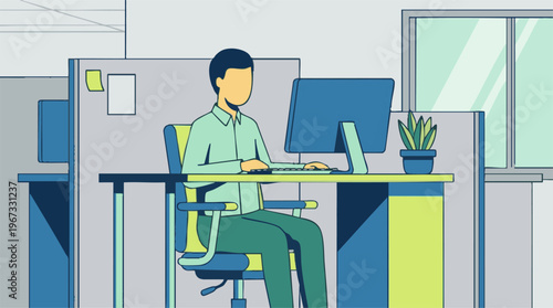 Minimalist illustration of a person working on a computer in an office cubicle
