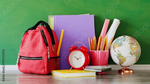 School Supplies Arranged on a Desk With a Backpack, Books, and a Globe in a C...