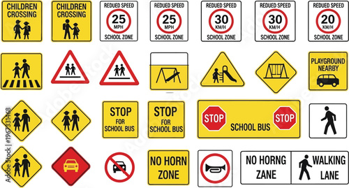 Traffic and safety signs are displayed on boards.