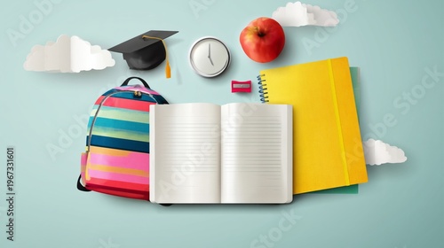 School Supplies and Learning Items Arranged on a Light Blue Background Near a...