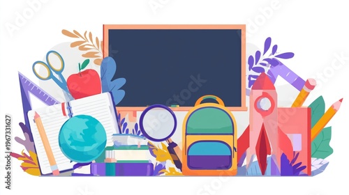 School Supplies and Learning Tools on a Desk With a Chalkboard in the Background