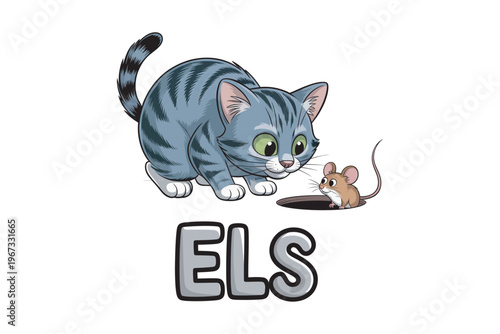 A charming cartoon illustration depicts a gray tabby cat playfully stalking a tiny brown mouse near a hole on transparent background.