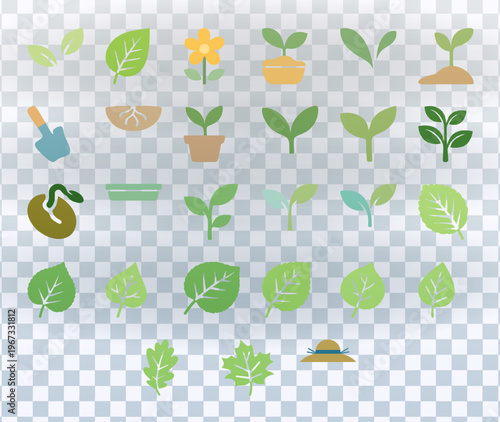 Flat design vector icons of plants and gardening elements. Collection of green leaves, seedlings, flower, and tools on transparent background. Eco friendly and nature concept
