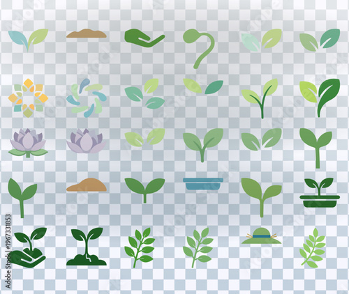 Flat vector icon set of plants and leaves. Collection of nature and gardening symbols on transparent background. Ecology and plant growth concept
