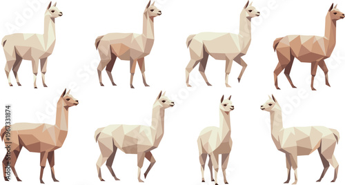 Low poly llama illustrations set with geometric polygon design, modern abstract alpaca animals collection in minimalist vector style