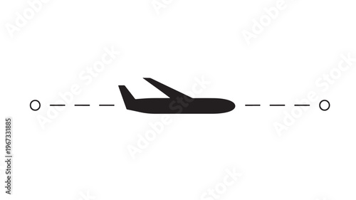 Airplane silhouette with dotted line indicating flight path between two circular markers on a white background.