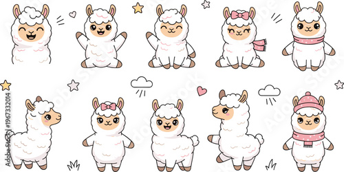 Cute llama cartoon characters set with playful poses, kawaii alpaca animals, adorable nursery illustration collection in soft pastel vector style