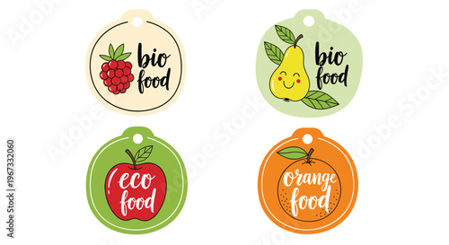 Collection of circular organic food labels featuring hand drawn illustrations of raspberry pear apple and orange with text.