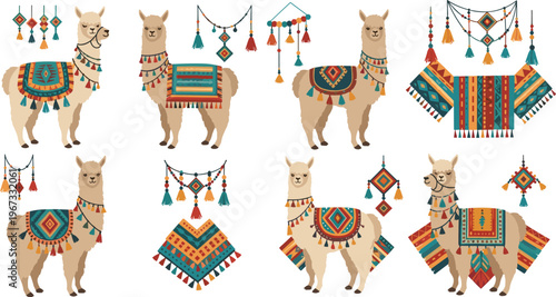 Decorative llama illustrations with boho textiles, ethnic patterns and tassels, tribal alpaca designs collection in colorful flat vector style