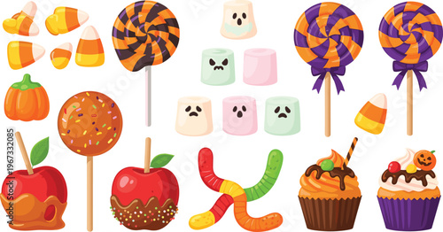 Halloween Candy and Dessert Collection with Candy Corn, Lollipops, Caramel Apples, Ghost Marshmallows, Cupcakes, and Pumpkin Treats for Spooky Holiday Vector Designs
