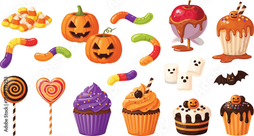Halloween Candy and Dessert Collection with Pumpkin, Cupcakes, Lollipops, Candy Corn, Ghost Marshmallows, and Bat for Spooky Holiday Party and Sweet Treat Designs