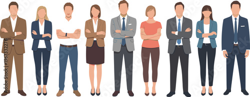 Professional diverse business team portrait, corporate colleagues standing together, workplace diversity concept, business attire group photo, teamwork collaboration illustration, office professionals