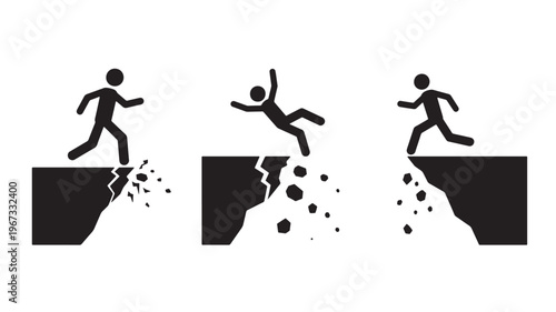 Stick figures falling off cliffs, illustrating danger, falling, risk, and accidents with a white background and black icons.