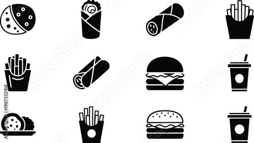 Set of various fast food icons like burgers, fries, burritos, falafel and soda cups
