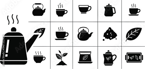Collection of Hot Beverage and Tea Related Icons Representing Brewing and Enjoyment