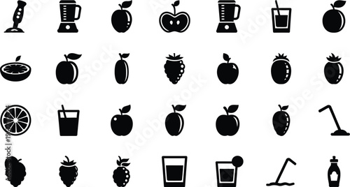 Varied set of fresh fruit, refreshing juice, and kitchen blender silhouette icons for healthy living