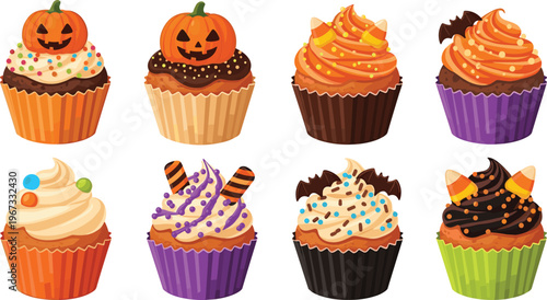 Halloween Cupcake Collection with Pumpkin, Candy Corn, Chocolate Frosting, Bat Decorations, and Colorful Sprinkles for Spooky Party Desserts and Festive Bakery Vector Designs