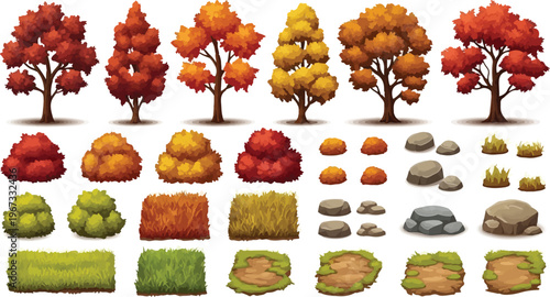 Autumn forest landscape elements, vector set of fall trees and bushes, orange and red foliage plants, game environment assets with rocks and grass