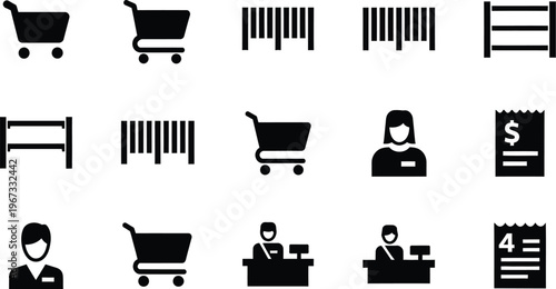 Shopping cart, barcode, cashier, receipt icons representing retail, commerce, and customer service