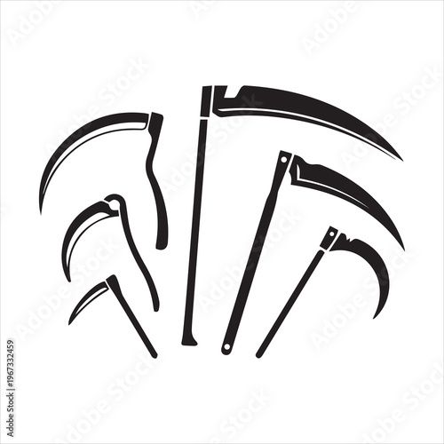 Collection of agricultural reaping tools — scythes and sickles silhouette icon pack