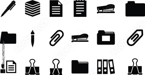 Comprehensive collection of essential black silhouette office stationery and documentation icons for streamlined organizational concepts and efficient business workflows