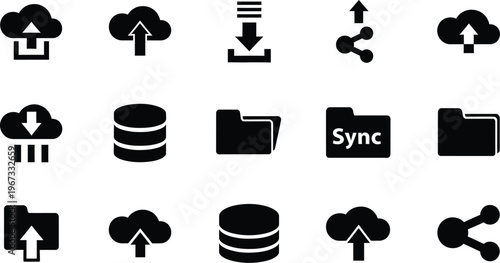 Cloud storage icon set upload download sync database sharing flat vector