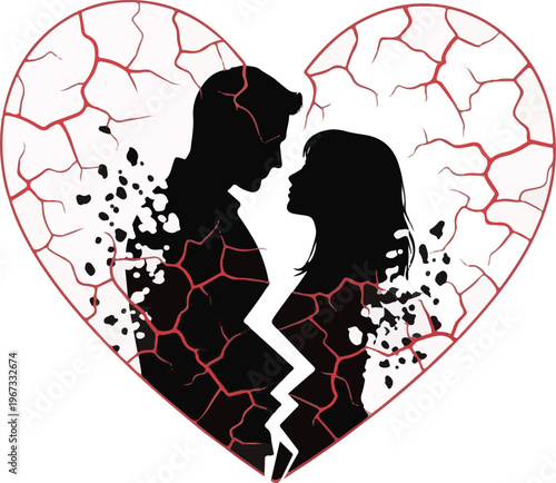 A broken heart with a couple's silhouettes in a cracked heart shape