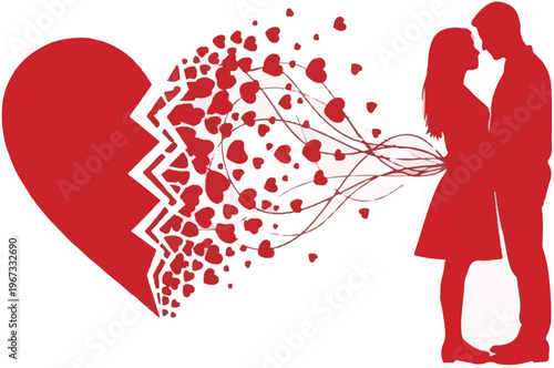 A broken heart with a couple in love silhouette