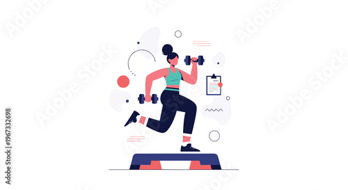 Athletic woman exercising on a step platform while lifting dumbbells against a background of abstract shapes and symbols.