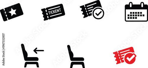 Essential vector icon collection for event ticketing, online booking, seat reservation, and calendar planning