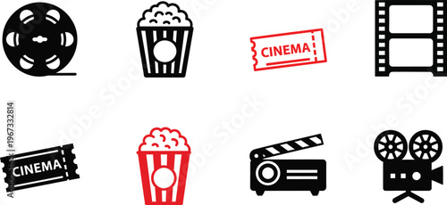 Cinema Icons Film Reel, Popcorn, Ticket, Clapper Board, and Vintage Camera for Movie Night