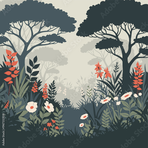 A serene floral pattern featuring a white flower with a red center, surrounded by green leaves on a dark background, evoking a sense of calmness and n