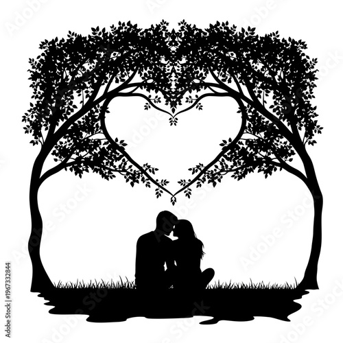 A romantic couple kissing under a heart-shaped tree silhouette