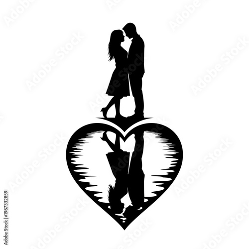 A romantic couple silhouette in a heart shape on a white background