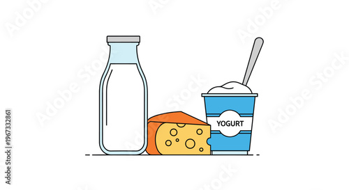 Essential dairy products including a bottle of fresh milk a wedge of cheese and a cup of yogurt arranged on a white base.