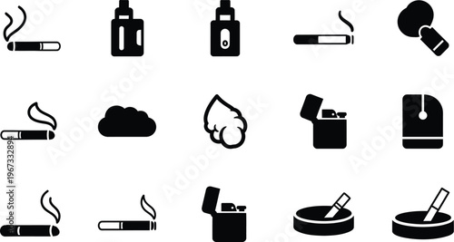 Comprehensive collection of smoking and vaping icons illustrating various elements of modern nicotine use culture