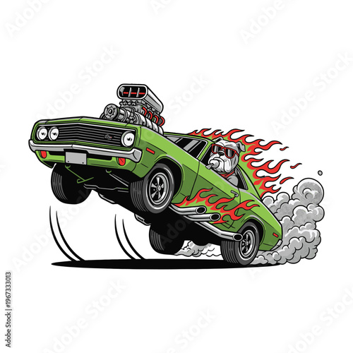 Green vintage muscle car performing a wheelie with fire and smoke vector illustration.